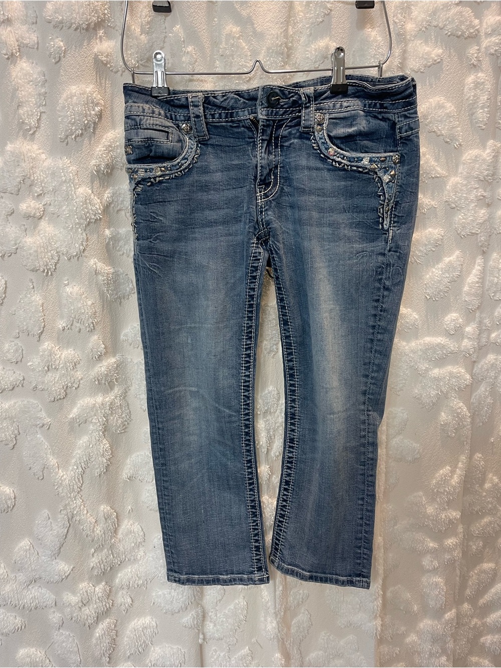 Miss Me blue low rise cuffed capri jeans with rhinestone details